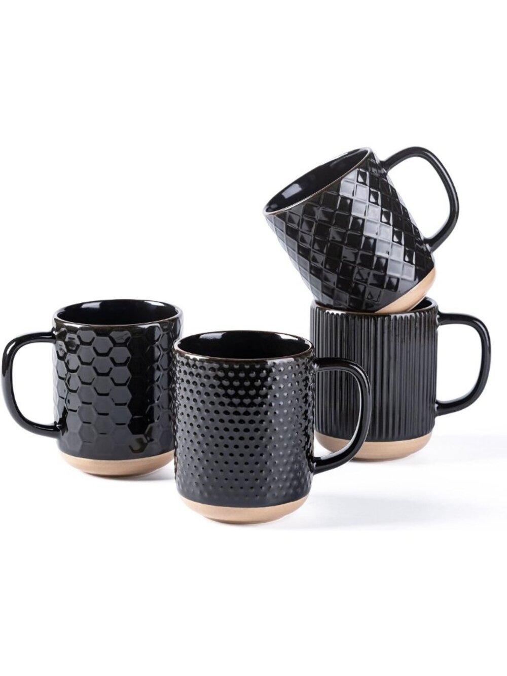 Set of 4 Black Coffee Mugs, 16 oz Ceramic Cups with Large Handle for Hot Drinks